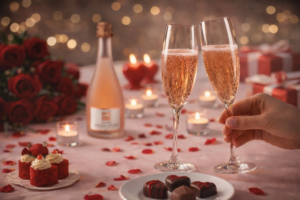 foto di due calici con una bottiglia di spumante sullo sfondo e petali a forma di cuore